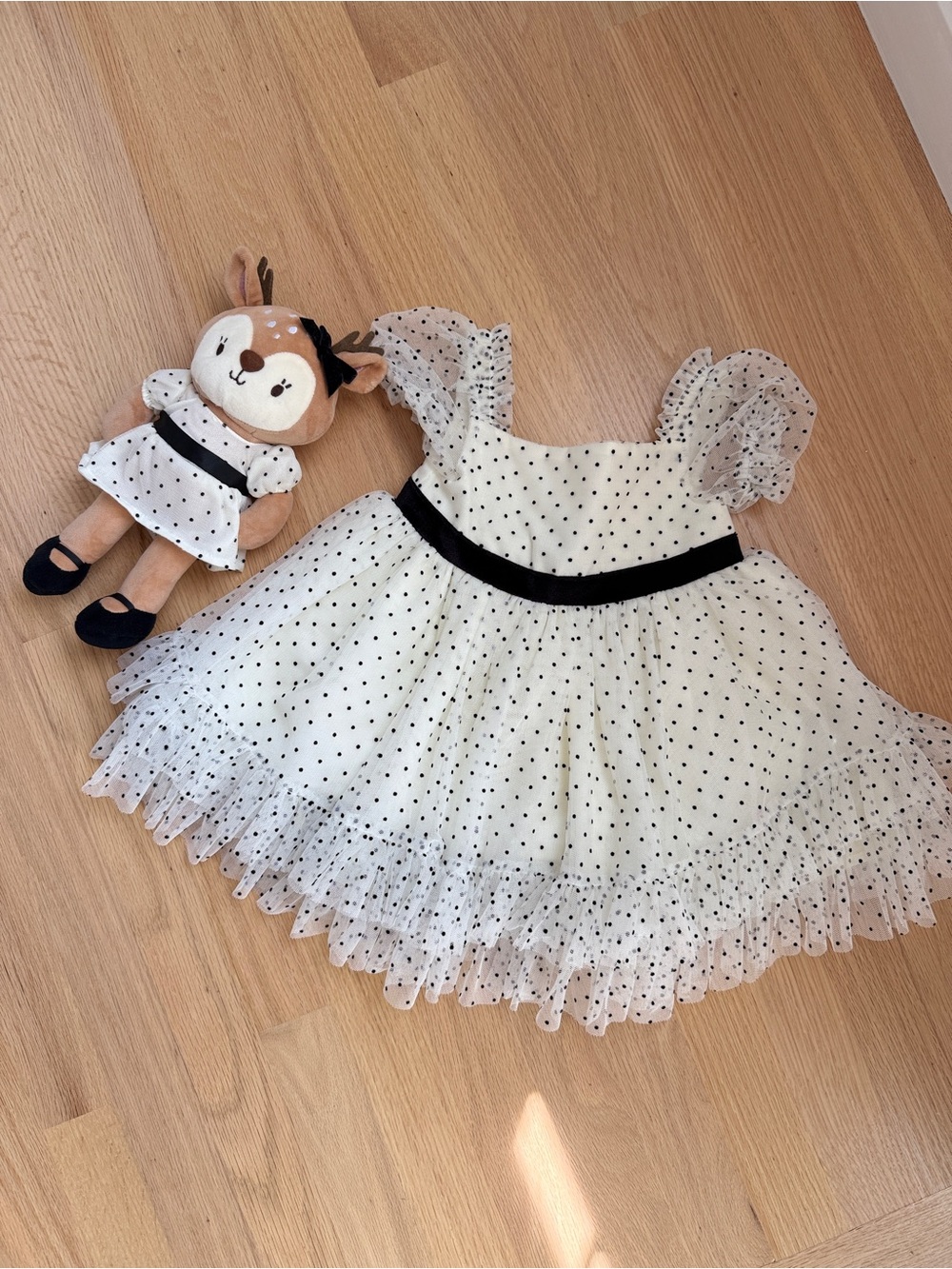 Cynthia Rowley White Tulle Polka Dot Dress with Black Accents & Matching Plush
